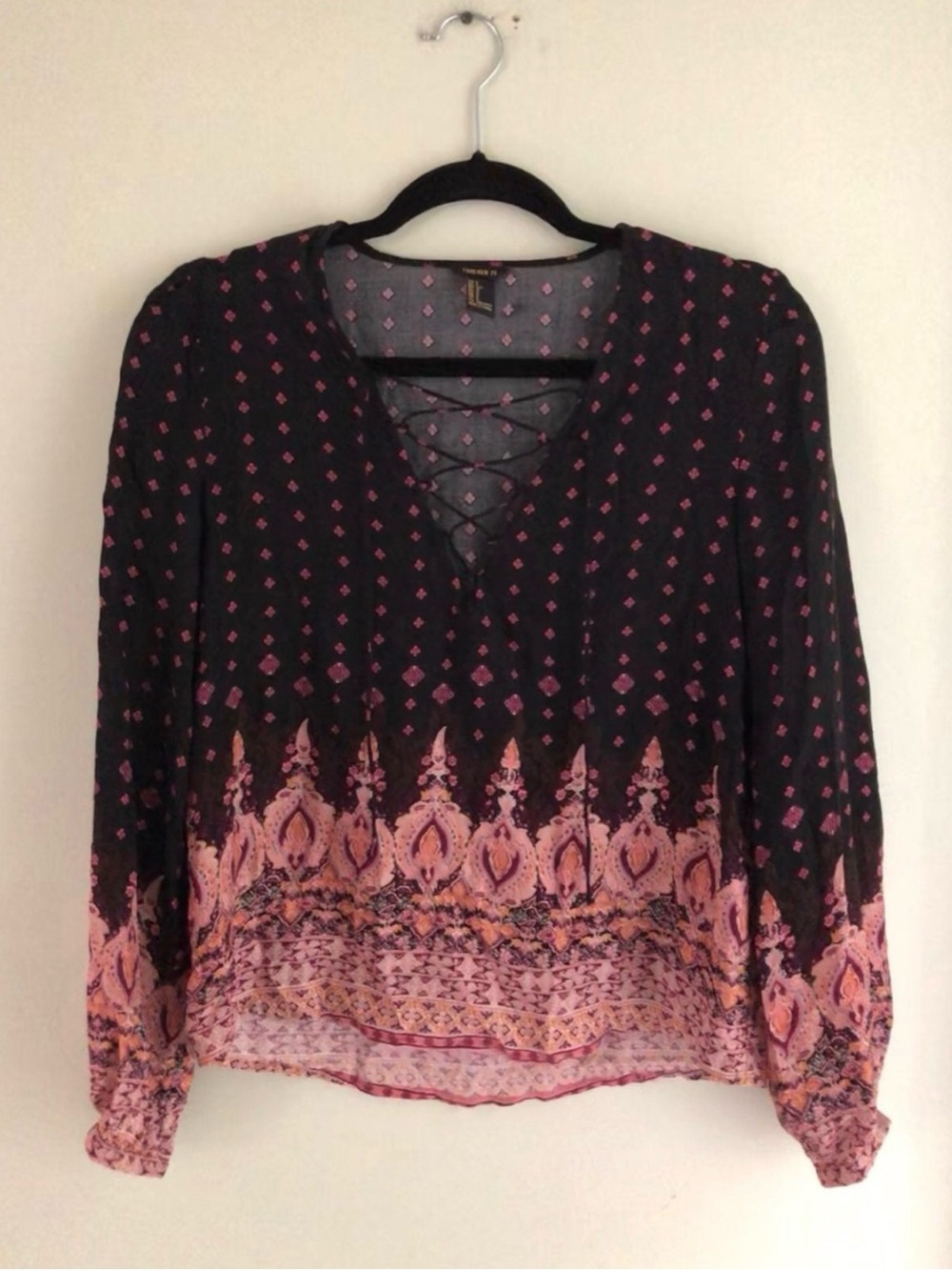 Forever 21 Black Blouse with Pink Border Print